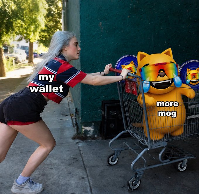A young woman pushes a shopping cart containing multiple Shiba Inu dog mascots wearing rainbow sunglasses and tears of joy, with text labeling her as "my wallet" and the dogs as "more mog"—visually humorously depicting how the $MOG meme coin keeps draining her funds.