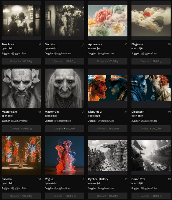 A dark-themed NFT marketplace gallery showcasing twelve 1/1 digital art listings by Juggler (@jugglemft.tez), featuring titled works like "True Love" (100 t∅), "Secrets" (100 t∅), "Apparence" (20 t∅), "Elegance" (20 t∅), "Master Kaio" (50 t∅), "Master Gin" (50 t∅), "Disputes 2" and "Disputes 1" (250 t∅ each), "Rascals" (100 t∅), "Rogue" (100 t∅), "Cyclical History" (20 t∅), and "Grand Prix" (20 t∅), with artwork ranging from surreal portraits and colorful abstracts to fantasy creatures and monochrome cityscapes.