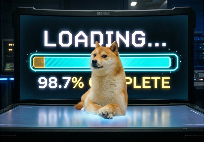 A Shiba Inu dog lies in front of a futuristic computer screen displaying a glowing blue progress bar at '98.7%' with the word 'LOADING...' above it.