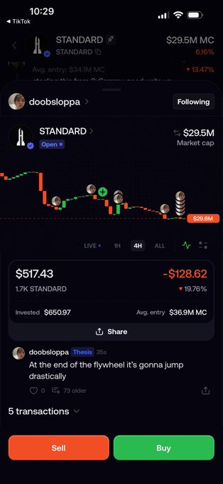 A TikTok screenshot shows a crypto trading interface for 'STANDARD' token displaying a price of $517.43 with a -19.76% change, showing $29.5M market cap and a user comment 'At the end of the flywheel it's gonna jump drastically'.