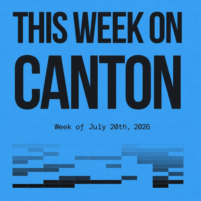 A blue graphic with bold black text reading "THIS WEEK ON CANTON" and "Week of July 20th, 2026," accompanied by a blurred block schedule layout, previewing the upcoming week's programming on the Canton network.