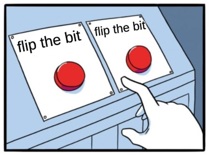 A hand hovers indecisively between two identical red buttons, both labeled "flip the bit," mirroring miners' paralysis over the next 19 days with no clear option standing out from the other. The choice feels arbitrary, capturing the uncertainty of being stuck between two equally unappealing decisions.