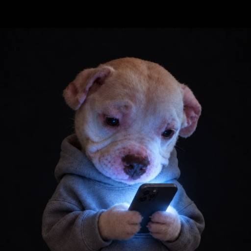 A small puppy wearing a gray hoodie, looking down with sad eyes at a glowing smartphone screen in its paws against a dark background.