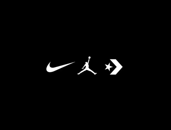 A black background featuring three white logos: the Nike swoosh, the Air Jordan Jumpman, and the Converse star and chevron.