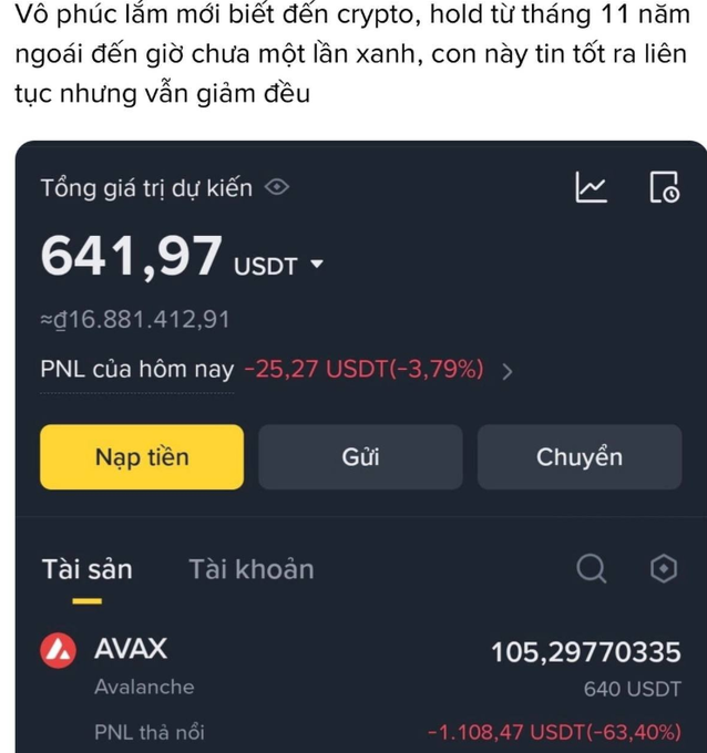 A Binance trading interface screenshot in Vietnamese, showing a total estimated value of 641.97 USDT, with a -25.27 USDT (-3.79%) daily PNL, and a holding of 105.29 AVAX (Avalanche) at 640 USDT with a -63.40% unrealized PNL.