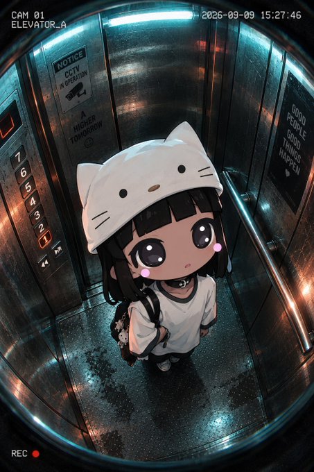 An anime-style girl wearing a white cat-eared hat stands inside a metallic elevator captured by a security camera, with on-screen text reading 'CAM 01 ELEVATOR_A,' '2026-09-09 15:27:46,' and 'REC.'