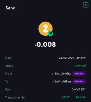 A cryptocurrency wallet confirmation screen showing a successful send of -0.008 ZEC (Zcash) dated 23/09/2026, with status 'Confirmed' and a small transaction fee.