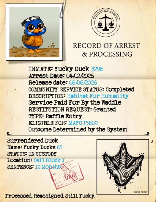 A humorous 'RECORD OF ARREST & PROCESSING' document from the Department of Cluck Orders featuring 'Yucky Duck 3298,' showing an arrest date of 04/02/2025, a release date of 08/06/2026, and a 12-month sentence at 'Cell Block J.'