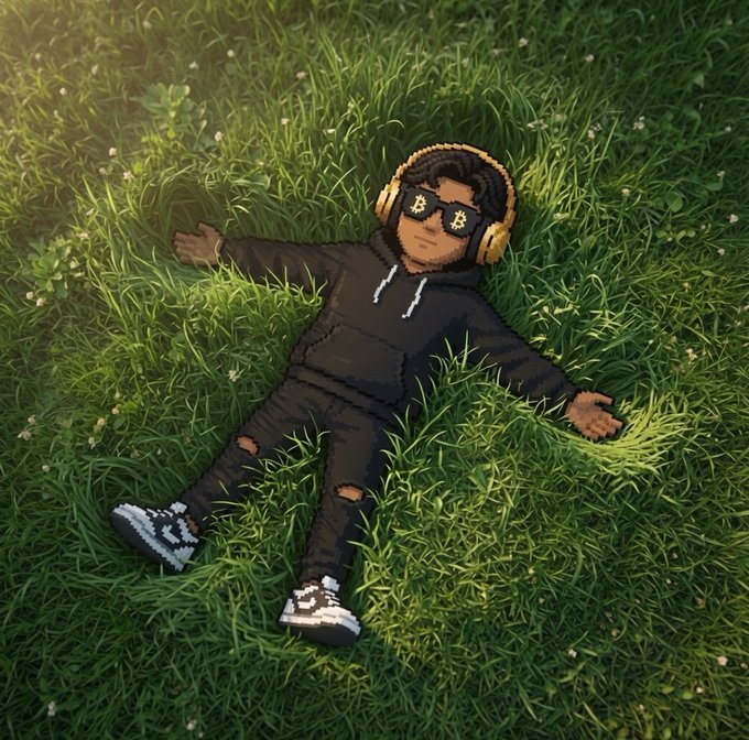 A pixel art illustration of a character lying spread-eagle in green grass, wearing a black hoodie, ripped black jeans, white and black sneakers, yellow headphones, and black sunglasses with yellow lightning bolt logos.