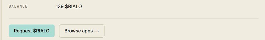 A digital interface showing a balance of '139 $RIALO' with buttons to 'Request $RIALO' and 'Browse apps →'.