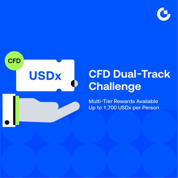 A promotional graphic with a blue background features a hand holding a "USDx" ticket tagged "CFD," advertising the "CFD Dual-Track Challenge" with "Multi-Tier Rewards Available Up to 1,700 USDx per Person," directly highlighting the reward tiers mentioned in the post.