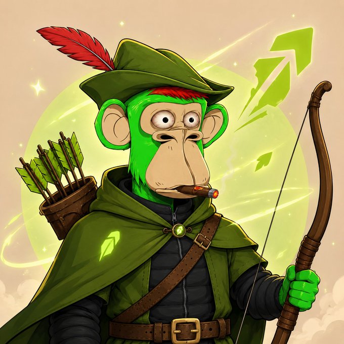 A cartoon illustration of a green monkey dressed as Robin Hood with a feathered hat, cape, and quiver of arrows, holding a bow and smoking a cigar.