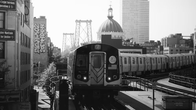 A black-and-white photograph of a New York City subway train emerging from a station, with the Williamsburg Bridge and a domed building visible in the background.