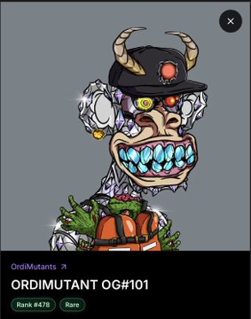 A digital artwork or NFT titled 'ORDIMUTANT OG#101' by OrdiMutants, depicting a grotesque mutant character with horns, multiple eyes, and a cap.