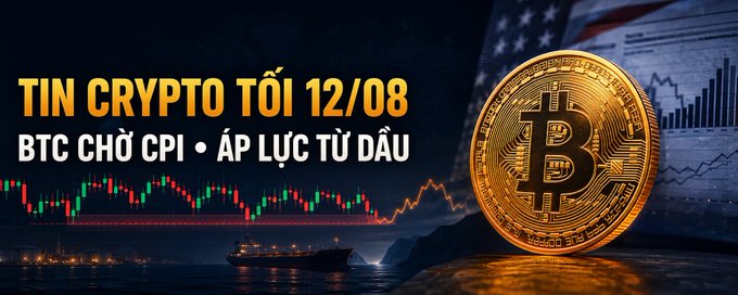 A Vietnamese-language crypto news banner reading "TIN CRYPTO TỐI 12/08 BTC CHỜ CPI • ÁP LỰC TỪ DẦU", featuring a candlestick chart, a cargo ship, and a large golden Bitcoin coin.