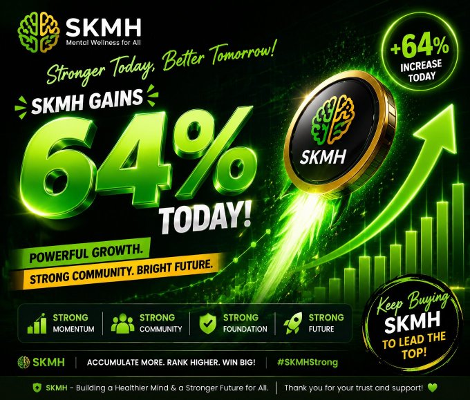 A promotional graphic for 'SKMH' (Mental Wellness for All) claiming a '64%' gain today with text like 'POWERFUL GROWTH' and 'KEEP BUYING SKMH'.