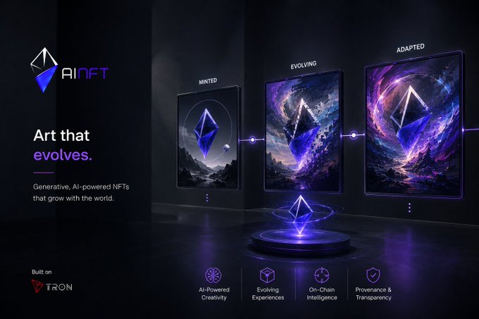 An advertisement for 'AiNFT' shows artwork evolving from 'MINTED' to 'EVOLVING' to 'ADAPTED', with the text 'Art that evolves.' and 'Built on TRON'.