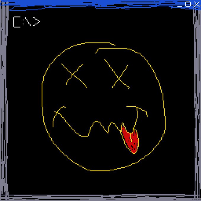 A retro pixel-art style graphic displays a yellow outlined smiley face with X eyes and a bloody mouth inside a computer window showing 'C:\>'.