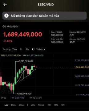 A screenshot of a Vietnamese cryptocurrency exchange interface displaying the SBTC/VND trading pair at 1,689,449,000 VND (-0.48%), with only a limited intraday candlestick chart visible. The image directly supports the accompanying post's critique that Vietnamese exchanges fail to provide extended historical charts for major cryptocurrencies like Bitcoin and Ethereum, leaving new investors unable to study long-term market cycles.