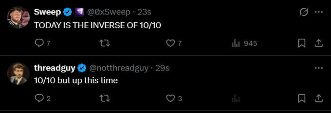 The image shows two consecutive tweets from verified users Sweep (@0xSweep) and threadguy (@notthreadguy) joking that "10/10 today is the inverse of 10/10" and that "10/10 but up this time," playing on the date October 10th in a humorous back-and-forth exchange.