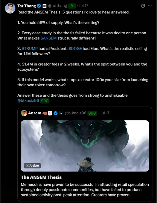 A screenshot of a Twitter/X post by 'Tat Thang' (@tatthang) asking 5 questions about 'The ANSEM Thesis' to Ansem (@blknoiz06), referencing tokens $TRUMP and $DOGE, with a preview of the thesis article below.