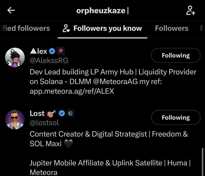 A screenshot of the "Followers you know" section on user "orpheuzkaze's" Twitter/X profile, showing accounts like @AlekssRG (Dev Lead building LP Army Hub for MeteoraAG) and @lostsol (SOL Maxi affiliated with Jupiter Mobile, Huma, and Meteora)—both Solana-focused crypto accounts, fitting the "#darkpool / $dark" post's likely reference to dark-themed crypto communities.