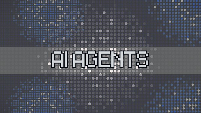 A blue pixelated/halftone background with a gray banner across the center displaying pixel-style text reading 'AI AGE..TS'.