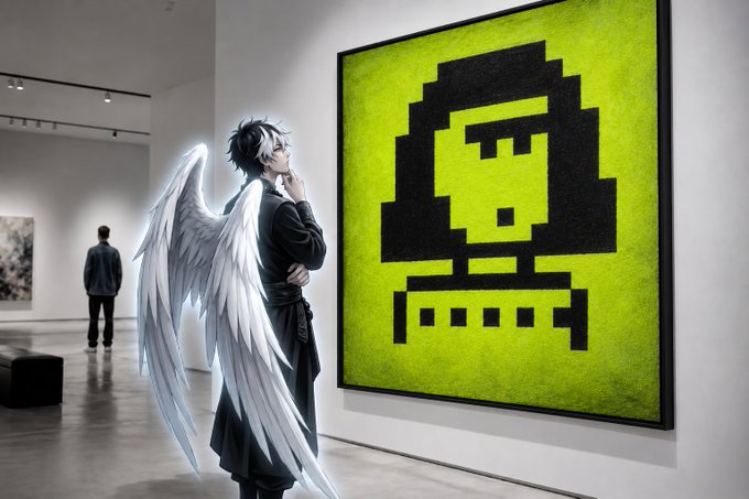 An anime-style figure with white wings standing in a gallery, contemplating a large pixel art portrait of a pixelated character on a green background.