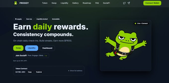 A dark-themed webpage for FROGGY token displaying 'Earn daily rewards. Consistency compounds.' with navigation tabs for Token, Swap, Liquidity, Gallery, Roadmap, FAQ, and SocialFi, featuring an angry cartoon frog mascot.