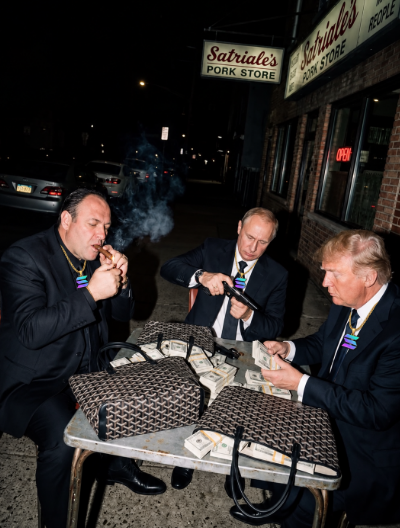 Three men in dark suits sit at an outdoor metal table at night, counting stacks of cash and lighting cigars in front of a storefront with signs reading "Satriale's Pork Store," with a red neon "OPEN" sign glowing in the window—evoking the fictional mob hangout from *The Sopranos* referenced in the post's nod to Tony Soprano's crew.