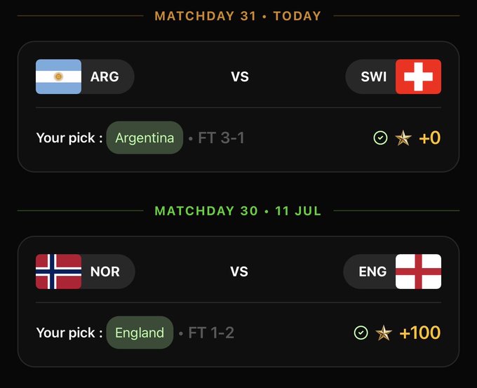 A sports prediction results screen showing Matchday 31 with Argentina vs Switzerland (correct pick) and Matchday 30 with Norway vs England (correct pick earning +100 stars).