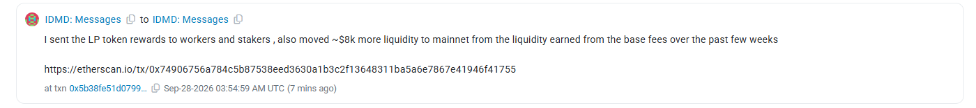 A screenshot of an IDMD: Messages post about sending LP token rewards to workers and stakers, and moving ~$8k more liquidity to mainnet, with an Etherscan transaction link.