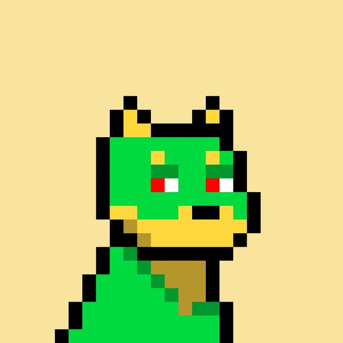 Pixel art of a green dragon-like character with yellow horns and red eyes on a tan background.