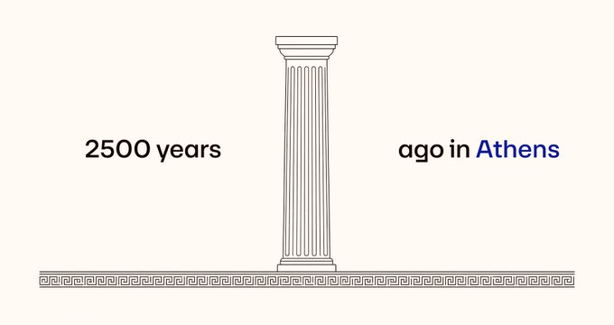 A graphic showing a Greek column with the text "2500 years ago in Athens".
