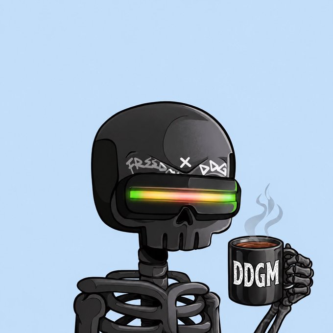 A cartoon skeleton wearing futuristic black goggles with "FREEDOM X DDG" written across the forehead holds a steaming black mug labeled "DDGM," echoing the "GM" (Good Morning) and "Stay Gorgez" greeting with a pun on "DedGorgez" for a crypto-style morning post.