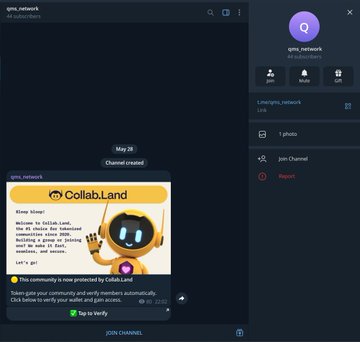 The image shows a screenshot of a chat conversation involving a robot character from a project named "QMS Network". Users can access this message by clicking a link provided, which directs them to join the Telegram channel and verify their identity through a bot. The post shares an interesting story about discovering the QMS network, prompting users to click on the link for more information or instructions on joining the discussion.