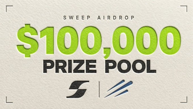 A promotional graphic displays 'SWEEP AIRDROP' above a large green '$100,000 PRIZE POOL' with logos at the bottom, set against a textured off-white background.