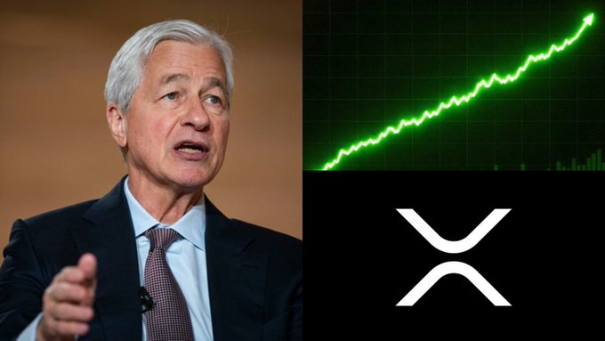 The image features Jamie Dimon, CEO of JPMorgan, alongside a green upward-trending chart and the XRP logo, visually reinforcing the post's claim that BlackRock and JPMorgan are expanding their involvement with XRP and ISO 20022-compliant digital assets.