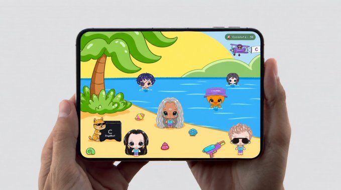 Hands hold a tablet displaying a colorful island-themed game with chibi characters, including a beach scene with palm trees, water, and various character avatars.