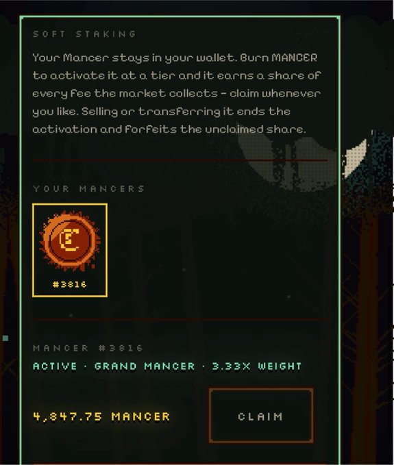 The screenshot displays a "Soft Staking" interface showing a Grand Mancer #3816 with 3.33x weight that has earned 4,347.75 MANCER tokens, supporting the post's claim of earning approximately 4,500 MANCER over 5 hours.