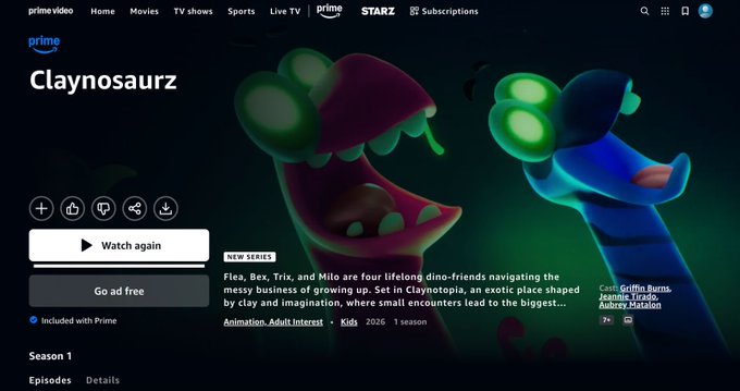 The image shows the Amazon Prime Video listing for "Claynosaurz," marked as a new series marked "Included with Prime," with a "Watch again" button and a description featuring characters Flea, Bex, Trix, and Milo in Claynotopia. It directly supports the post's claim by visually confirming the NFT brand's full animated series is licensed into Amazon's Prime catalog.