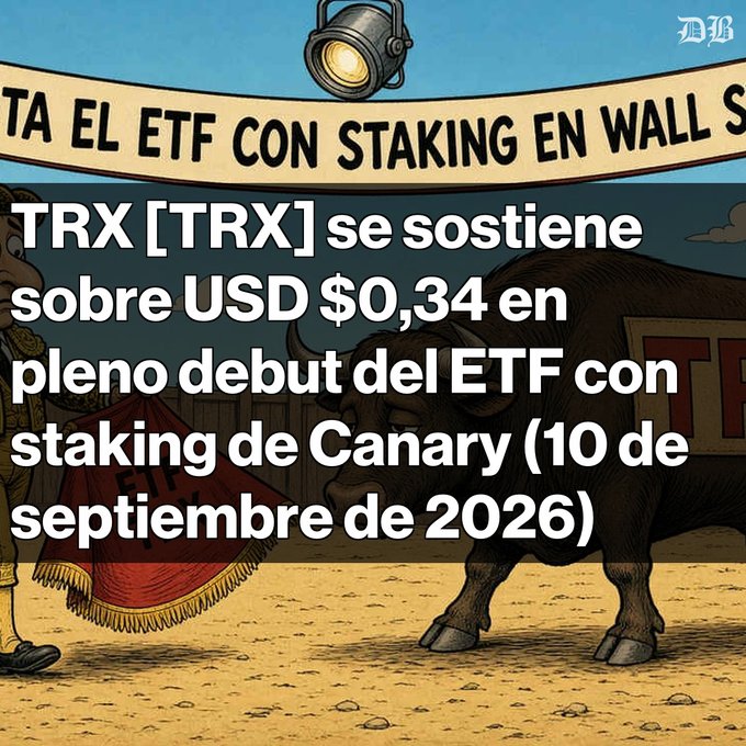 A bullfighting-style illustration serves as the background for Spanish text stating 'TRX [TRX] se sostiene sobre USD $0,34 en pleno debut del ETF con staking de Canary (10 de septiembre de 2026)'.
