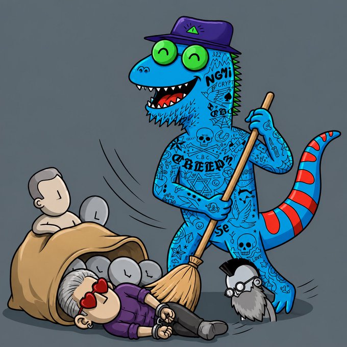 A cartoon of a blue, tattooed dinosaur wearing a purple hat, holding a broom and sweeping coins from a sack, with a small bearded character standing nearby.