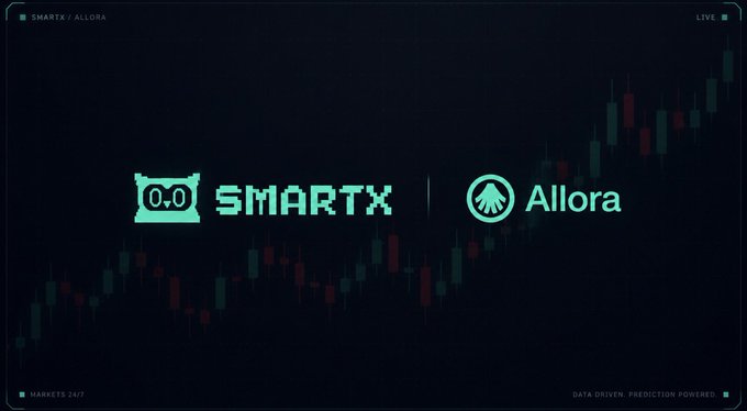 A promotional graphic displaying the logos for 'SMARTX' and 'Allora' alongside a financial candlestick chart, with text reading 'MARKETS 24/7' and 'DATA DRIVEN. PREDICTION POWERED.'