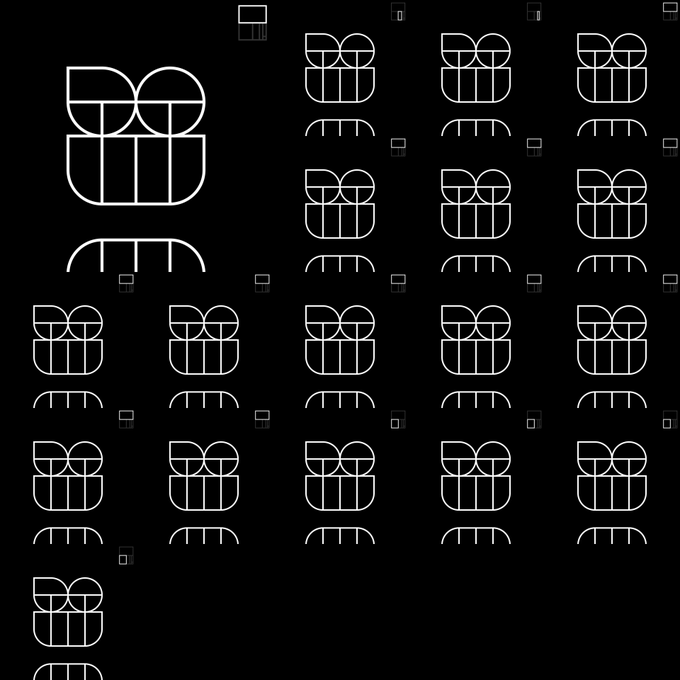 Black background displaying multiple white geometric line-art logos featuring a distinctive 'B' and 'm' design with a curved arch element below, arranged in a grid pattern at various sizes.