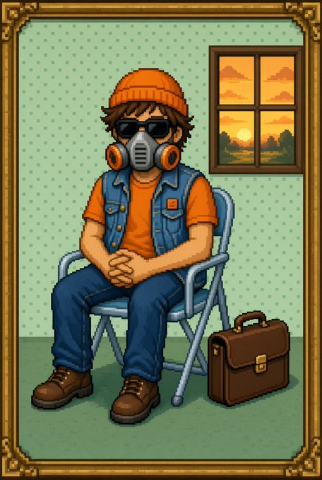 Pixel art illustration of a person wearing an orange beanie, gas mask, sunglasses, denim vest, and orange shirt, sitting on a blue folding chair with a brown briefcase, beside a window showing a sunset.