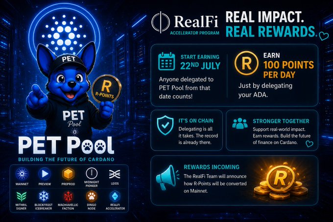 A promotional image for 'PET Pool' on the Cardano blockchain, highlighting the RealFi Accelerator Program with details like 'Start Earning 22nd July' and 'Earn 100 Points Per Day' by delegating ADA.