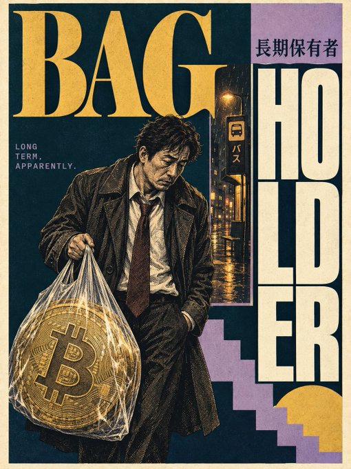 A retro-style poster titled 'BAG HOLDER' showing a dejected man in a trench coat holding a plastic bag containing a Bitcoin coin, with Japanese text meaning 'long-term holder.'