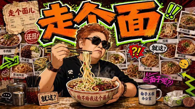 A man wearing sunglasses slurps a large bowl of noodles surrounded by Chinese text including "走个面儿" (let's have noodles) and various noodle dish names like "牛肉面" (beef noodles), "兰州拉面" (Lanzhou noodles), with a mug labeled "面子工程办公室" (Face Project Office)—visually parodying the crypto slang "saving face" and "farming" while the post calls BSC community members to charge into the trenches together.