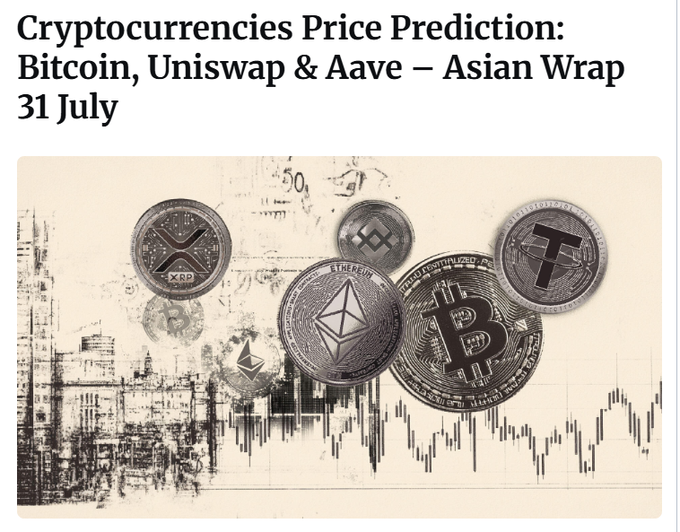 A cryptocurrency price prediction article header featuring XRP, Ethereum, Binance, and Bitcoin coins overlaid on a stock chart, titled 'Cryptocurrencies Price Prediction: Bitcoin, Uniswap & Aave – Asian Wrap 31 July'.